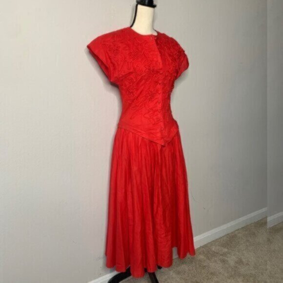 Allegra Red Vintage Midi/Maxi Cap Sleeve Dress - Picture 5 of 15
